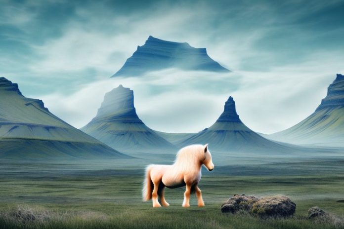 A landscape featuring an icelandic horse in the foreground