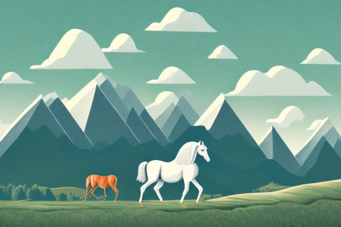 A horse in a rural landscape with mountains in the background