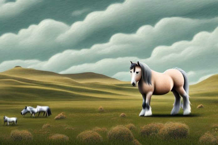 A shetland pony horse in a rural landscape in springbok
