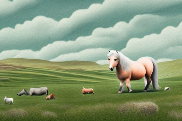 A shetland pony in a rural landscape in orkney