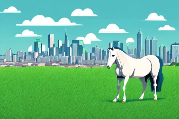 A horse in a grassy field