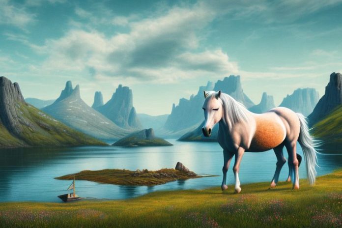 A fjord horse in a rural landscape