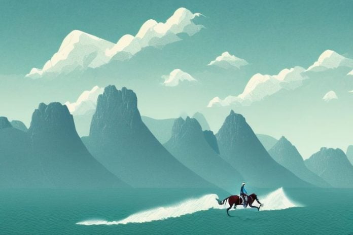 A horse and rider in a scenic coastal landscape
