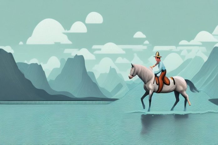 A horse and rider in a picturesque fjord landscape