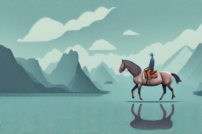 A horse and rider in a scenic fjord landscape