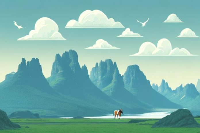 A horse riding in a fjord landscape