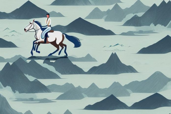 A horse and rider galloping through a fjord landscape