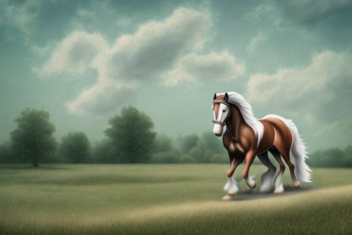 An american belgian draft horse being ridden in a rural landscape