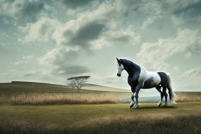 A percheron horse in a rural landscape in orkney