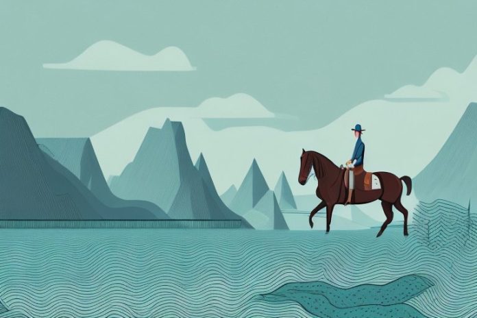 A horse and rider in a fjord landscape