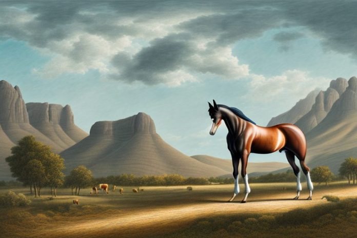A hanoverian horse in a rural landscape in graaff-reinet