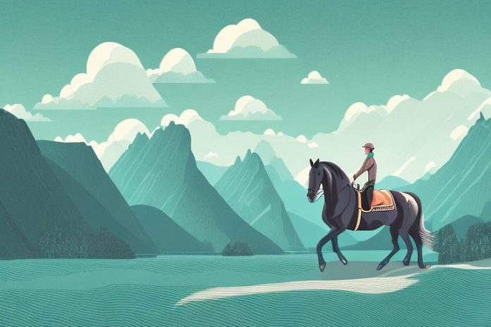 A horse and rider in a scenic landscape