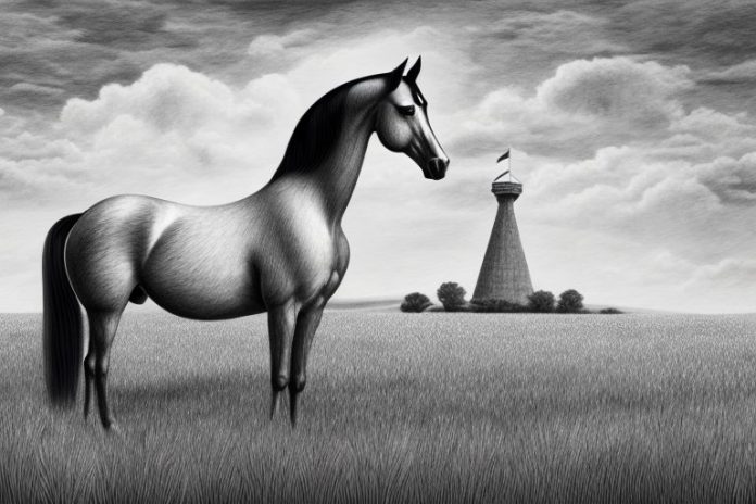 A hanoverian horse standing in a field in orkney