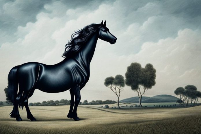 A friesian horse in a rural landscape in newcastle