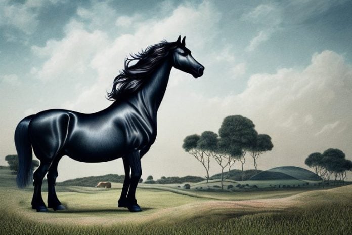 A friesian horse in a rural landscape in port shepstone
