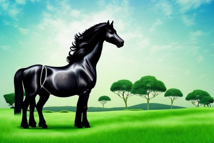 A friesian horse standing in a lush green pasture in port elizabeth