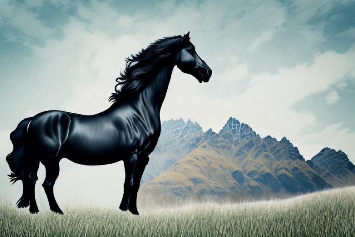A friesian horse in a pasture in queenstown