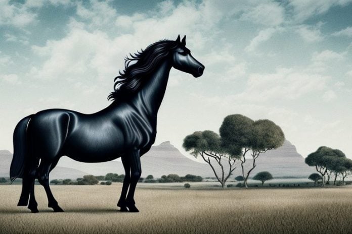 A friesian horse in a rural south african landscape