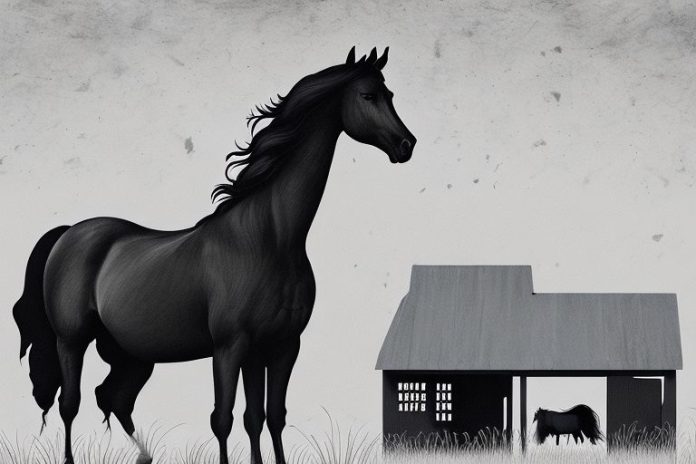 A friesian horse in a rural south african setting