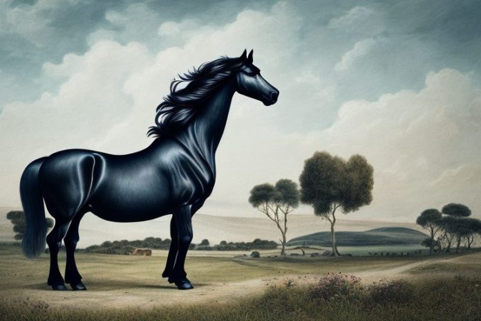 A friesian horse in a rural landscape in port alfred