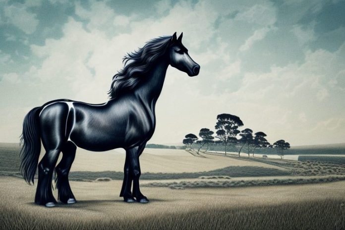 A friesian horse in a rural landscape in jeffreys bay