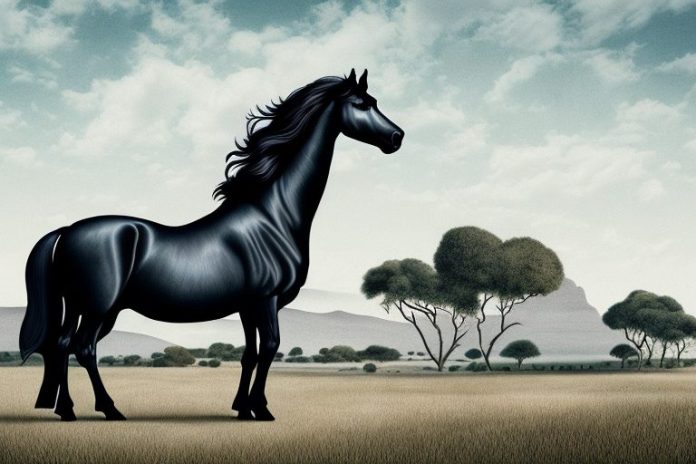 A friesian horse in a rural south african landscape
