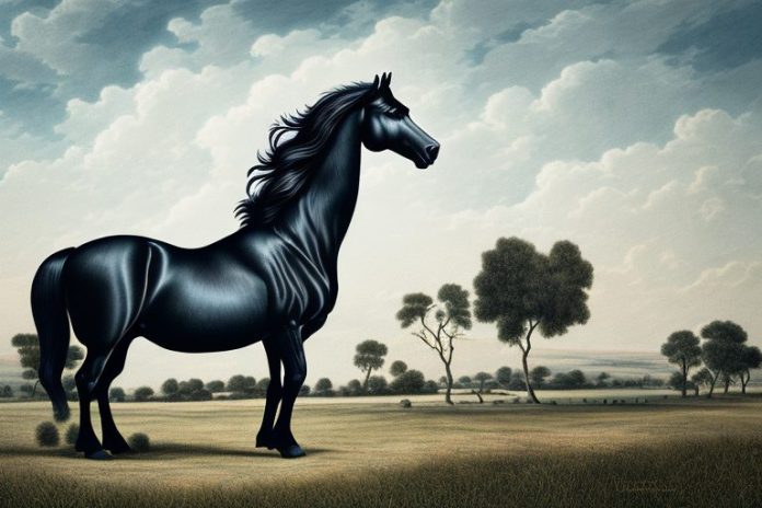A friesian horse in a rural landscape in kroonstad