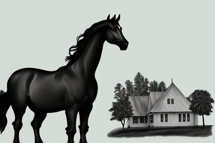 A friesian horse in a rural virginia