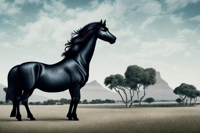 A friesian horse in a rural south african landscape