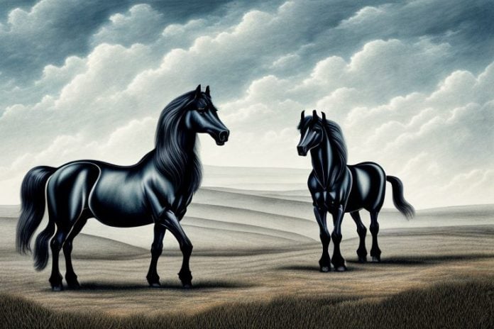 A friesian horse in a rural landscape in harrismith