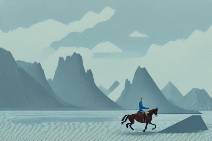 A horse and rider in a fjord landscape in bisho