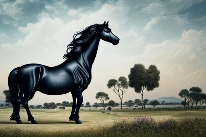 A friesian horse in a rural landscape in pretoria