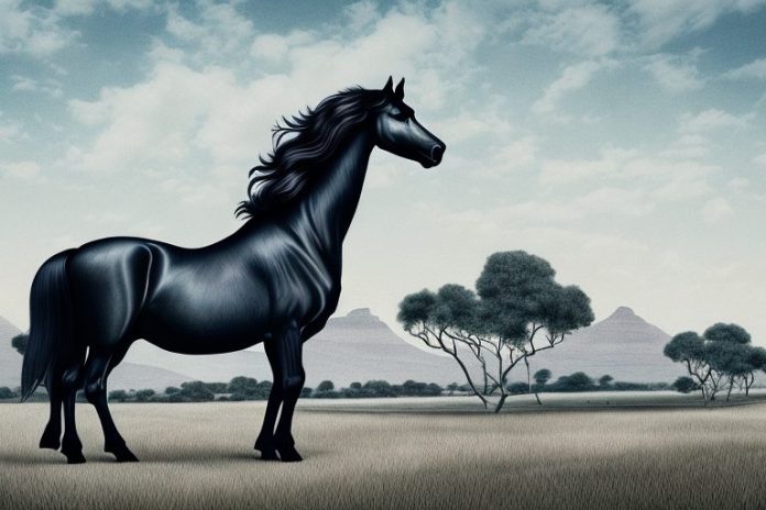A friesian horse in a rural south african landscape