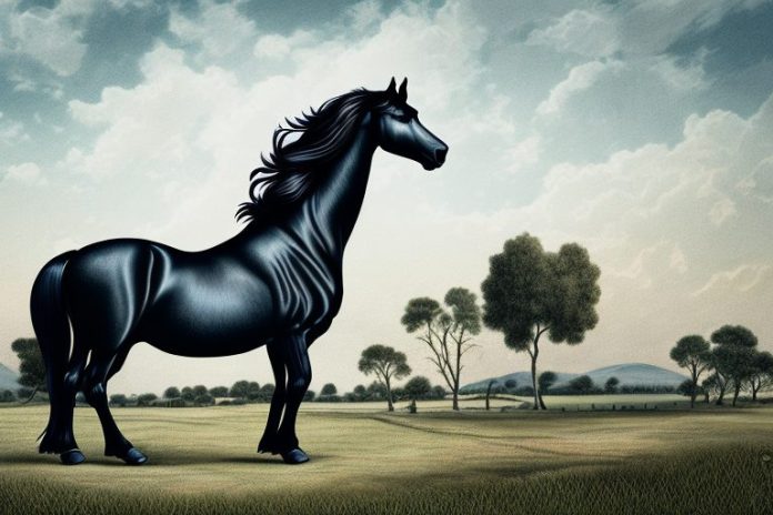 A friesian horse in a rural landscape in vanderbijlpark