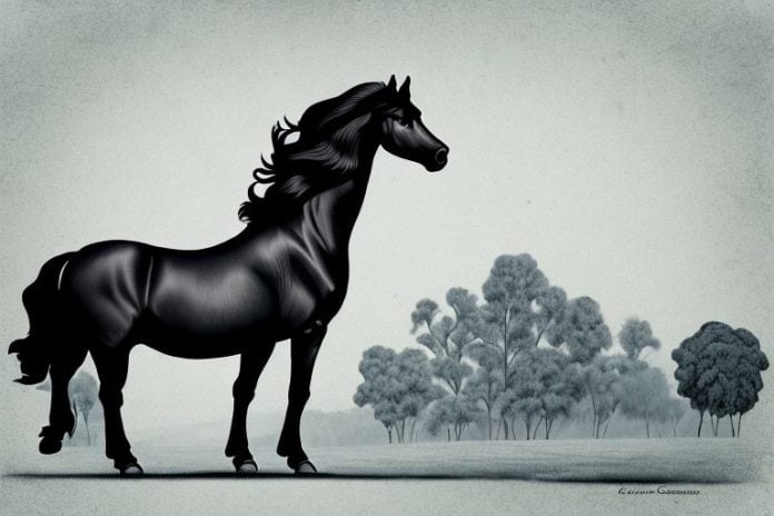 A friesian horse in a rural setting in roodepoort