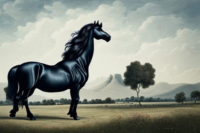 A friesian horse in a rural landscape in louis trichardt