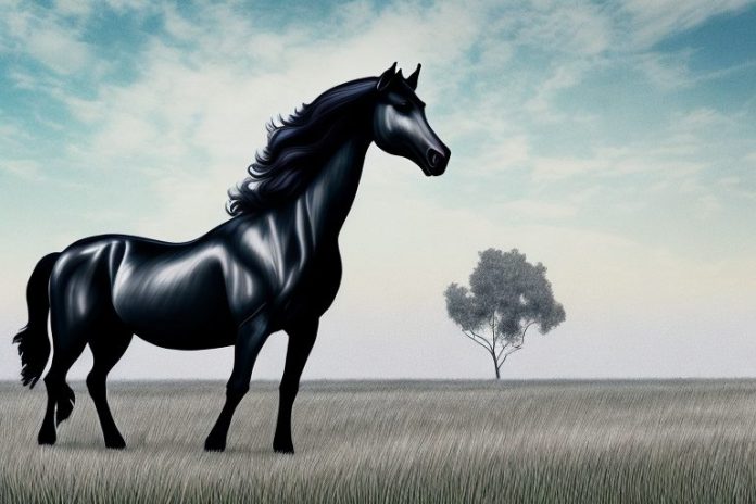 A friesian horse in a field in secunda