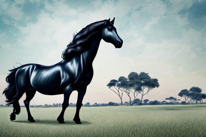A friesian horse in a pasture in delmas