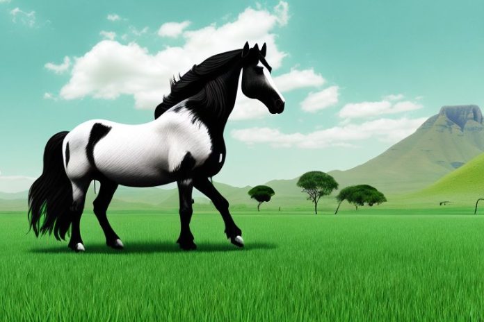 A friesian horse in a lush