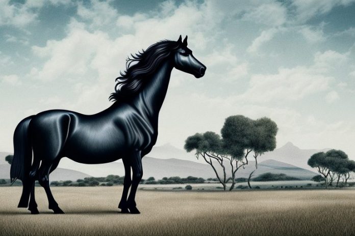 A friesian horse in a rural south african landscape