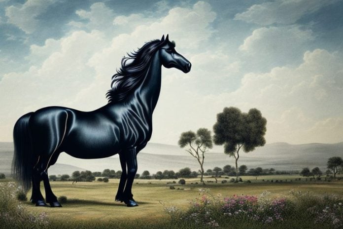A friesian horse in a rural landscape in rustenburg
