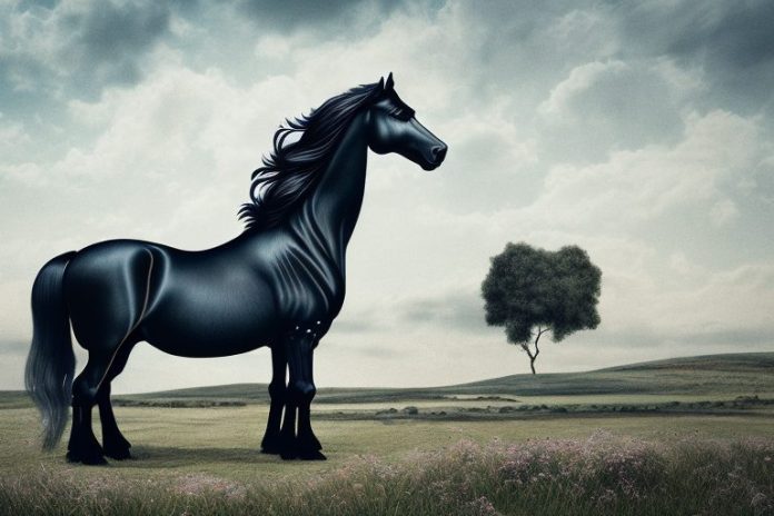 A friesian horse in a rural landscape in orkney