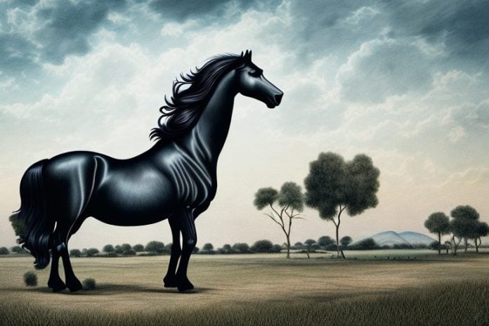 A friesian horse in a rural landscape in mafikeng