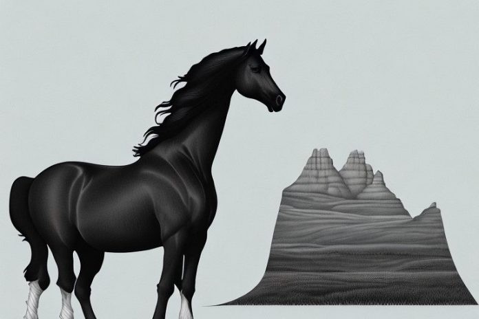 A friesian horse in a mogwase