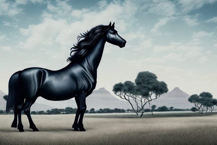 A friesian horse in a rural south african landscape