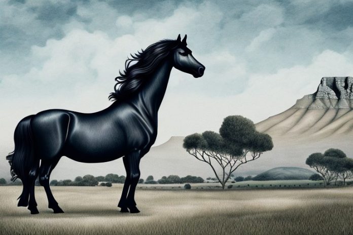 A friesian horse in a rural setting in cape town