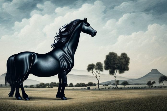A friesian horse in a rural landscape in george
