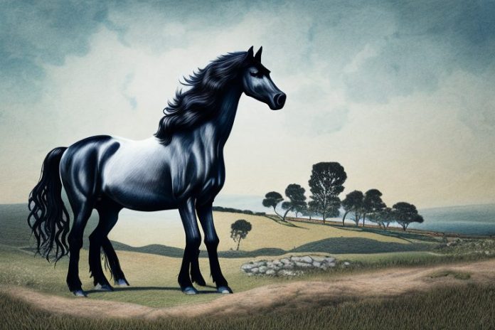 A friesian horse in a rural landscape in mossel bay