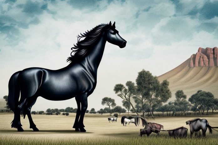 A friesian horse in a rural setting in oudtshoorn