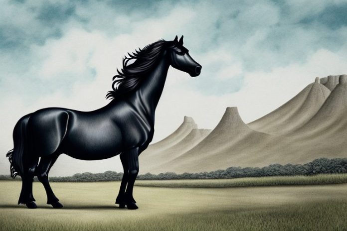 A friesian horse in a rural setting in hermanus